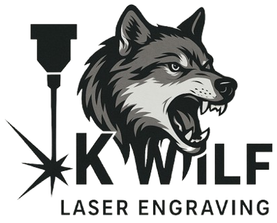 K Wilf Laser Engraving logo: a wolf head beside a laser engraver